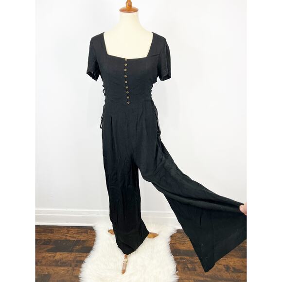 Maeve wide leg black jumpsuit lace up sides button front size 8 - Picture 2 of 10